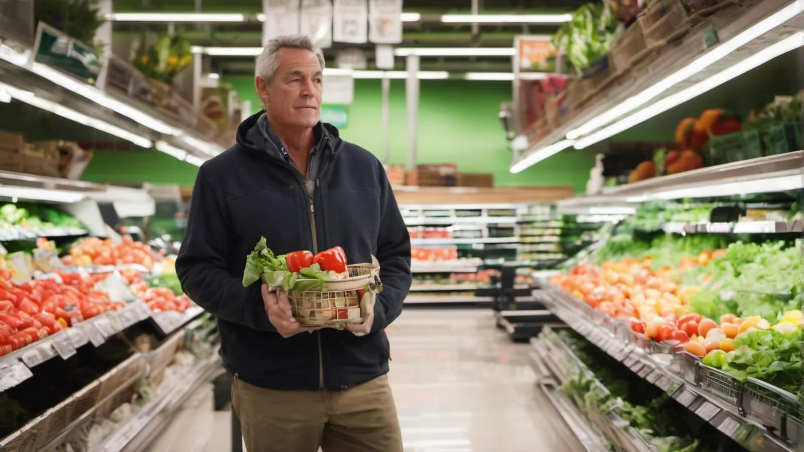 Mann wählt frisches Gemüse im Supermarkt aus