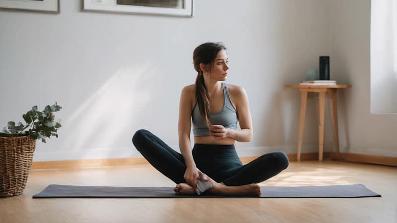 Frau sitzt nach dem Home-Workout auf der Matte und legt das Smartphone beiseite