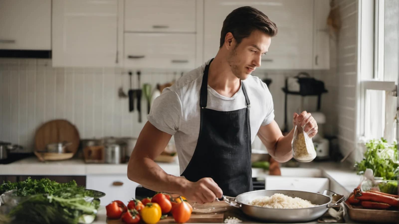 Mann kocht Reis und Gemüse für die Wochenvorbereitung in der Küche
