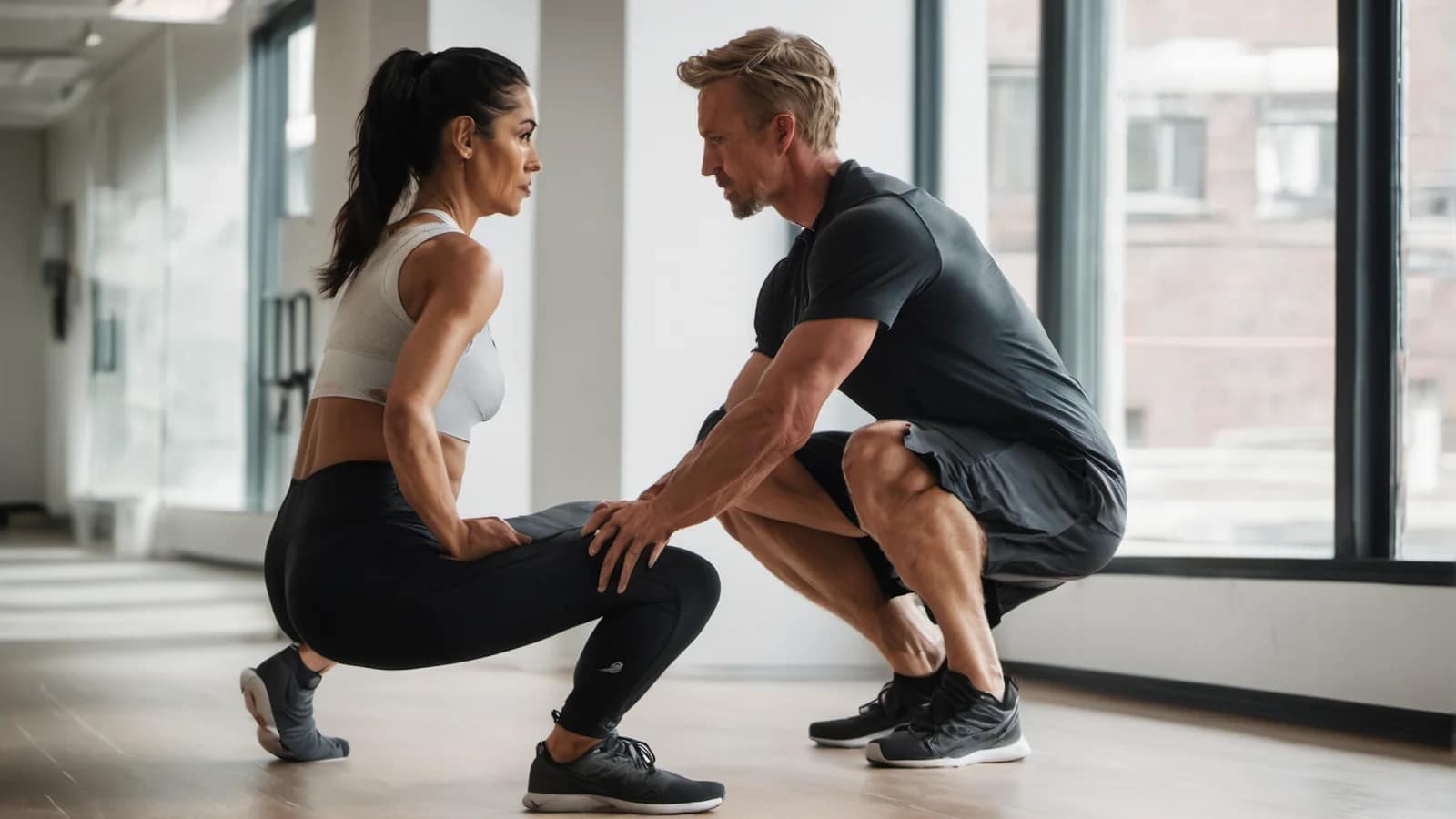 Personal Trainer korrigiert die Kniehaltung einer Kundin im hellen Studio