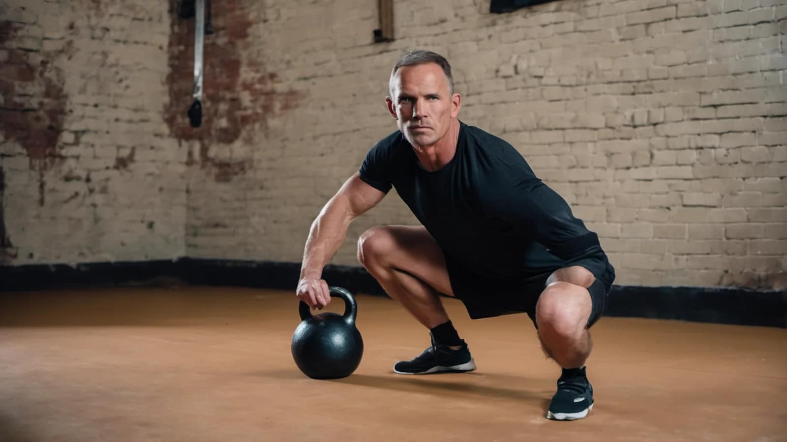 Mann trainiert allein mit Kettlebell im Heim-Kraftraum