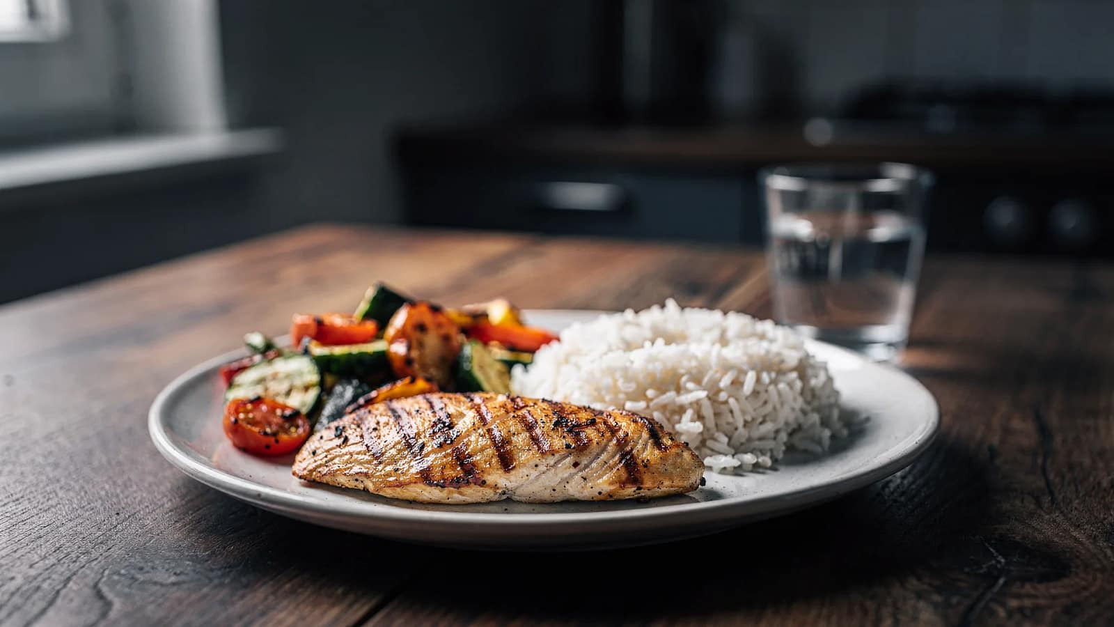 Ausgewogener Teller mit gegrilltem Hähnchen, Gemüse und Reis