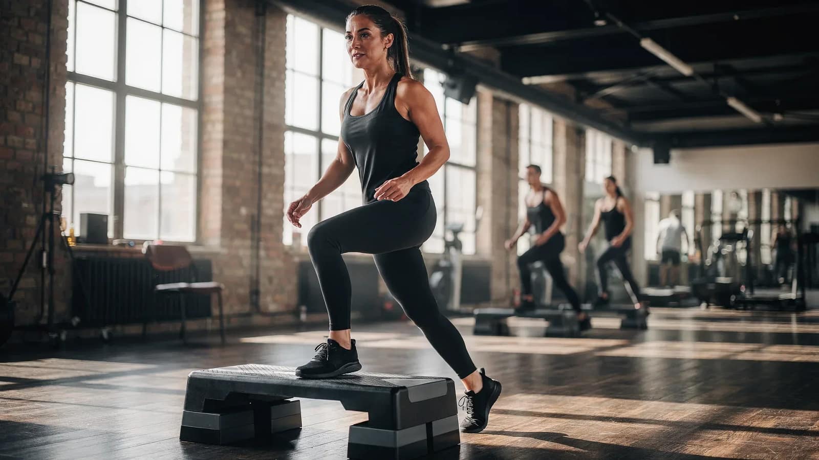Gruppe trainiert Step-Aerobic in einem Studio
