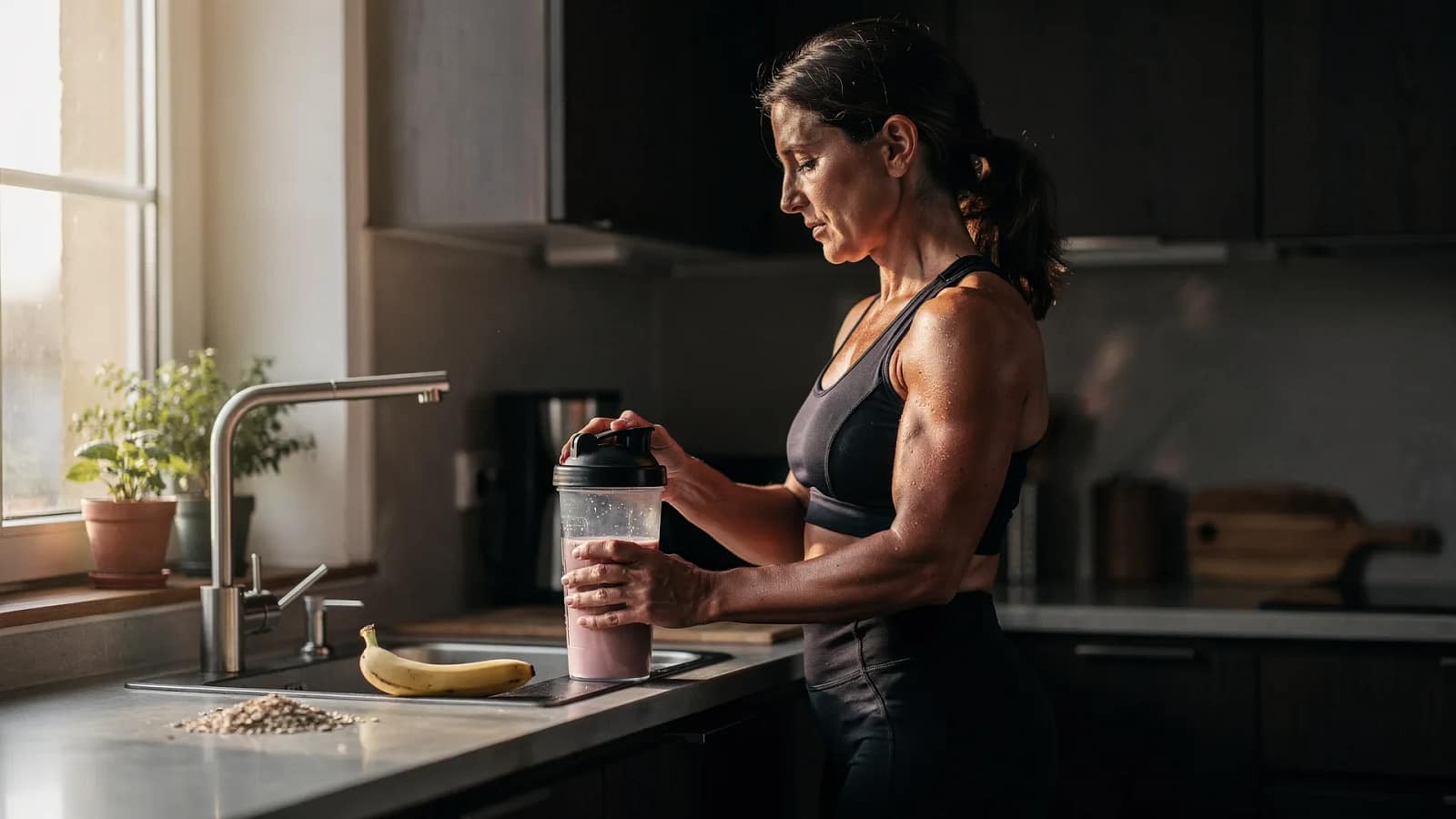 Frau bereitet nach dem Training einen Proteinshake in der Küche zu