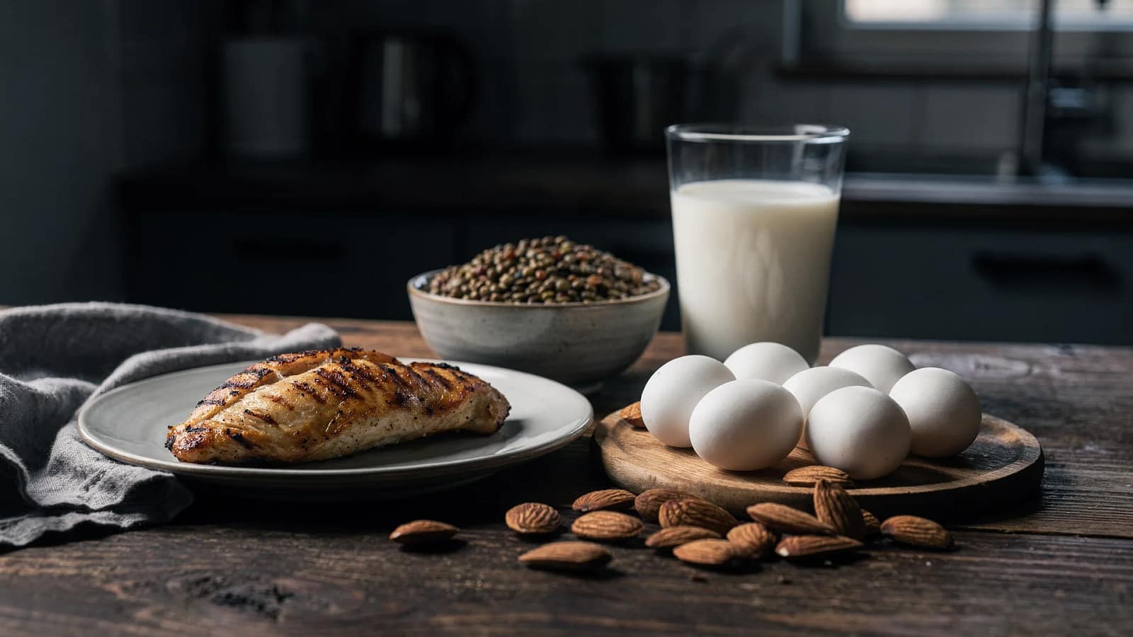 Proteinreiche Lebensmittel wie Hähnchen, Eier, Linsen und Mandeln auf dunkler Platte