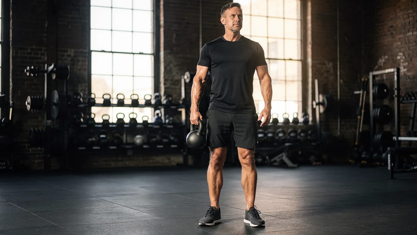 Mann steht mit einer Kettlebell in der Hand im Studio