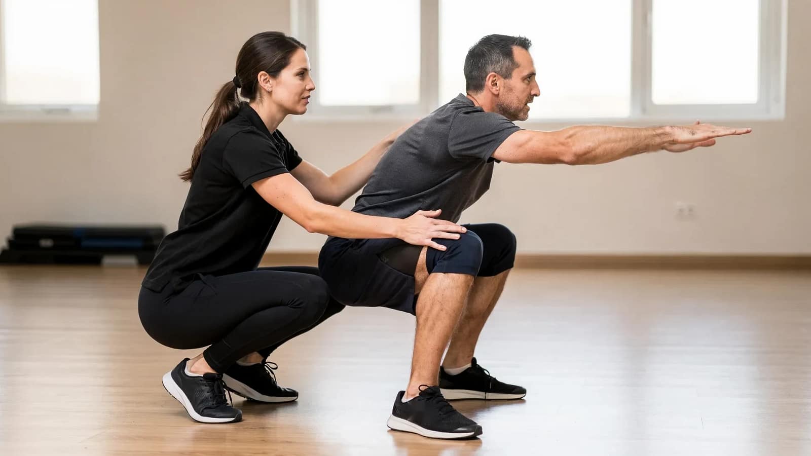 Personal Trainerin begleitet einen Klienten bei der Kniebeuge im hellen Studio