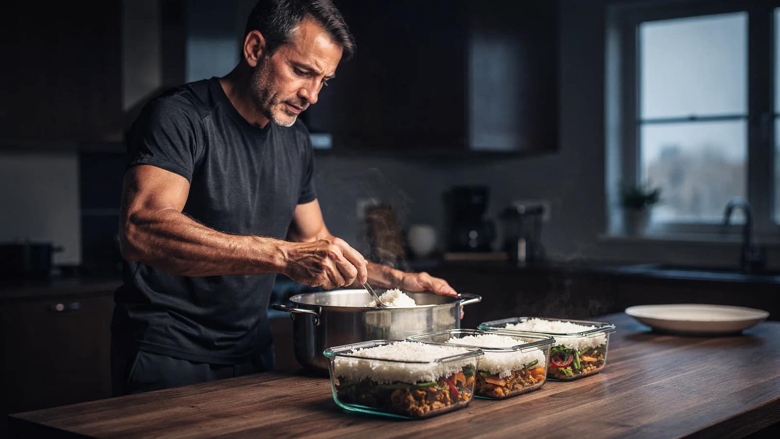 Mann füllt in einer dunklen Küche vorgekochten Reis in Meal-Prep-Dosen