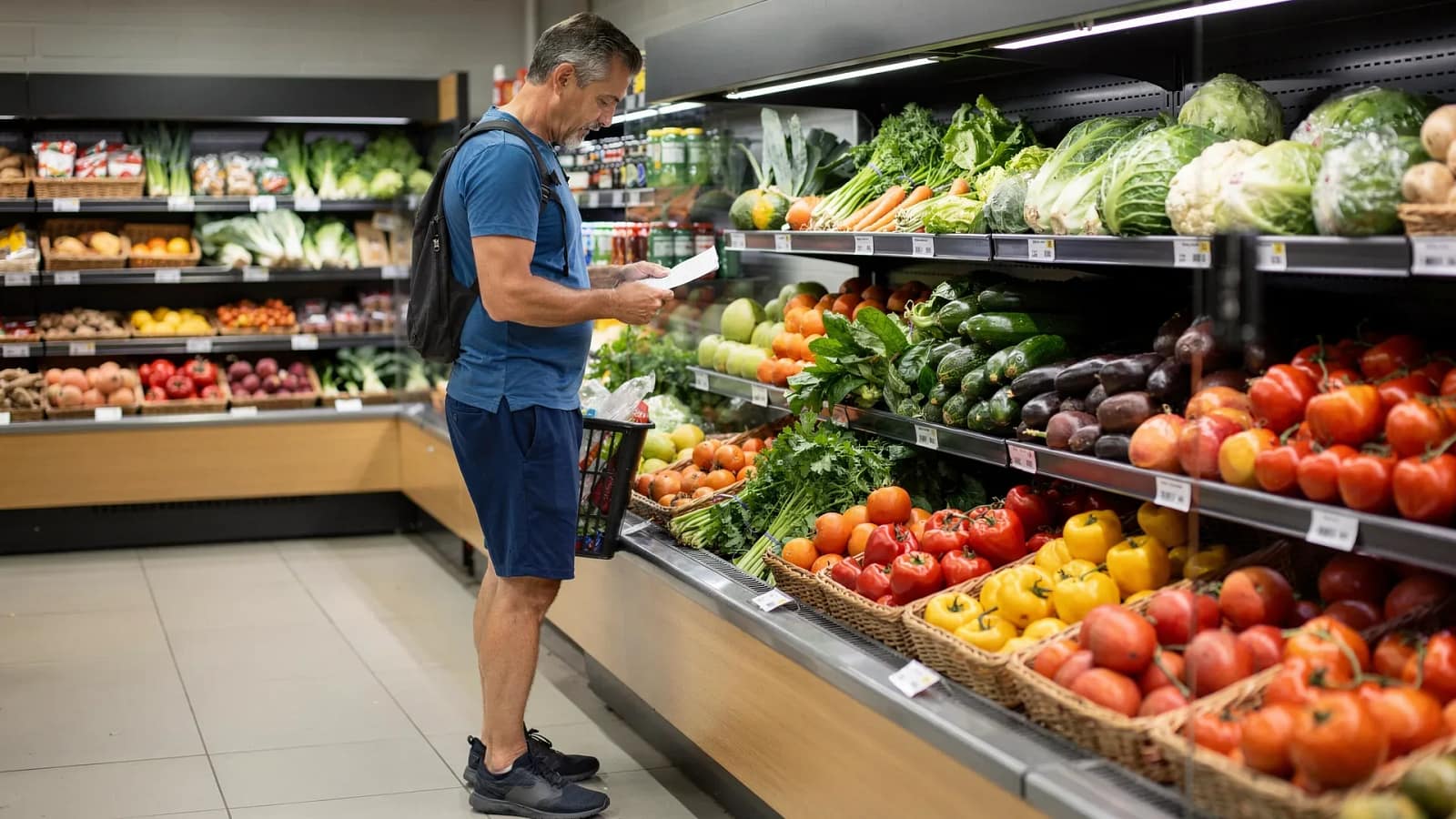 Mann mit Rucksack liest seinen Einkaufszettel vor dem Gemüseregal im Supermarkt