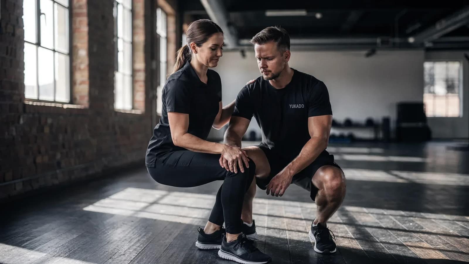 Trainerin korrigiert die Kniebeuge eines Klienten im Studio