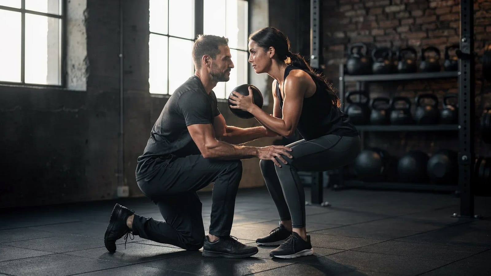 Trainer korrigiert die Kniebeuge eines Sportlers im Studio
