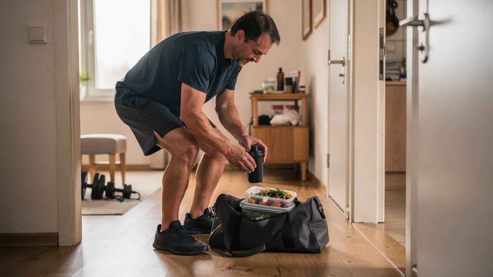 Mann packt im Flur Meal-Prep-Boxen und einen Shaker in seine Sporttasche