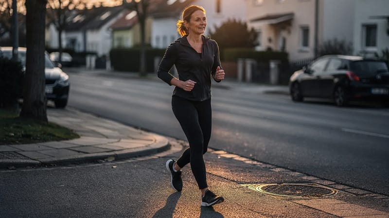 Frau joggt bei tiefstehender Sonne durch eine ruhige Straße