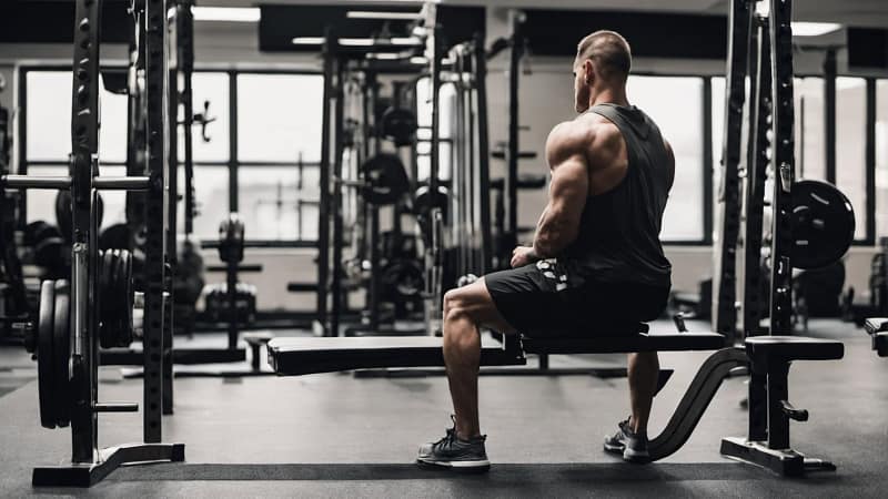 Sportler sitzt erschöpft auf der Hantelbank im Fitnessstudio, Rückenansicht nach einem intensiven Trainingssatz