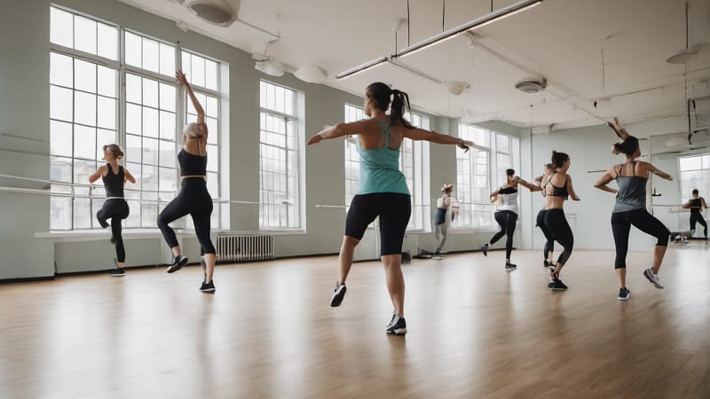 Gruppe beim Aerobic-Training in einem hellen Fitnessstudio mit Wandspiegel