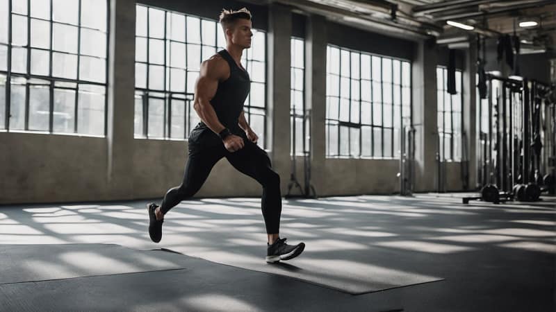 Sportler fuehrt einen dynamischen Ausfallschritt zum Aufwaermen in einem hellen Gym aus