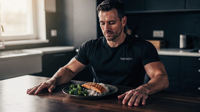 Mann isst nach dem Training eine Mahlzeit mit gegartem Lachs, Reis und Brokkoli