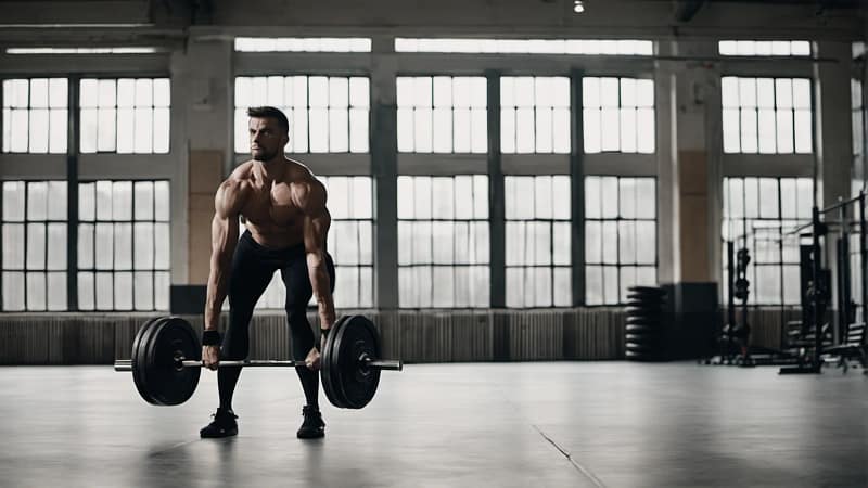 Muskulöser Mann beim Kreuzheben mit einer Langhantel in einem modernen Fitnessstudio mit großen Fenstern