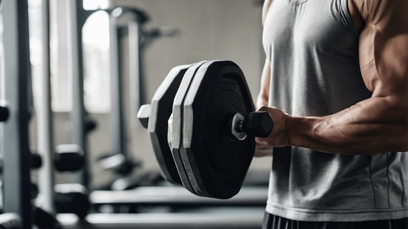 Nahaufnahme eines Arms beim Bizeps-Curl mit einer Kurzhantel im Gym