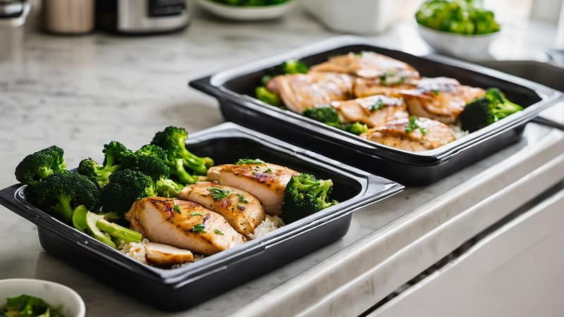 Vorbereitete Mahlzeiten mit Hähnchenbrust, Reis und Brokkoli in Meal-Prep-Boxen auf einer hellen Küchenarbeitsplatte