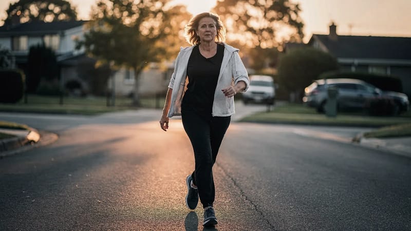 Frau joggt bei Sonnenaufgang durch eine ruhige Wohnstraße