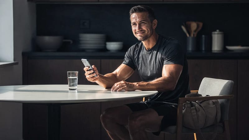 Mann sitzt mit Sporttasche und Smartphone am Küchentisch