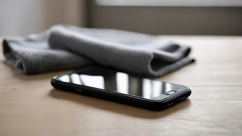 Smartphone neben einem gefalteten Handtuch auf einem Holztisch