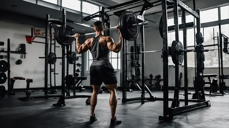 Rückansicht eines Sportlers beim Kniebeugen mit Langhantel im Rack in einem modernen Gym
