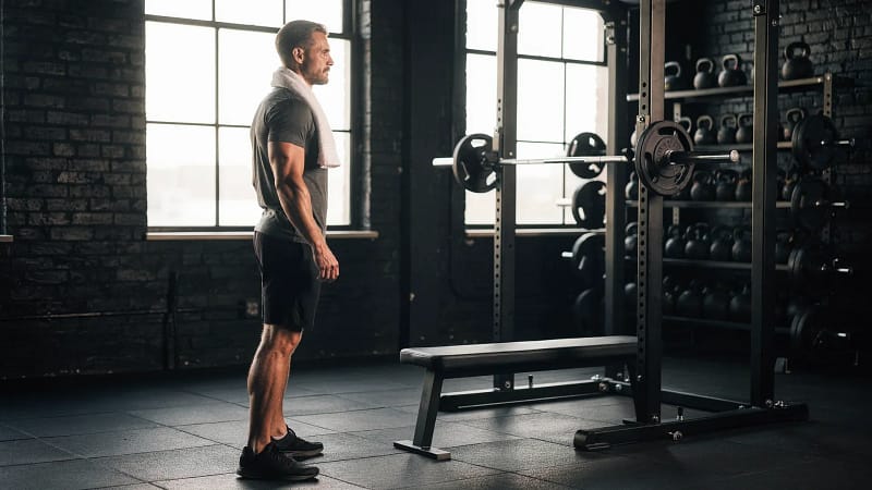 Mann steht im Studio zwischen Squat-Rack und Hantelbank