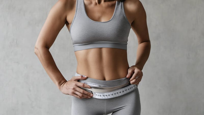 Nahaufnahme einer Person in Sportkleidung, die ein Maßband um die Taille legt