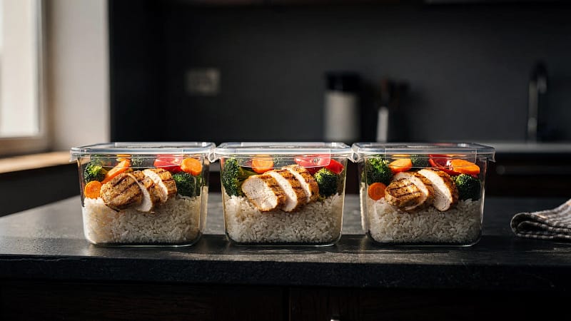 Drei Meal-Prep-Dosen mit Reis, gegartem Hähnchen und Gemüse auf der Küchenplatte