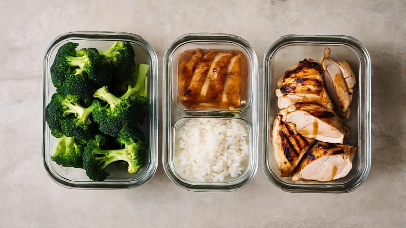 Meal-Prep-Boxen mit Hähnchenbrust, Reis und Brokkoli von oben fotografiert