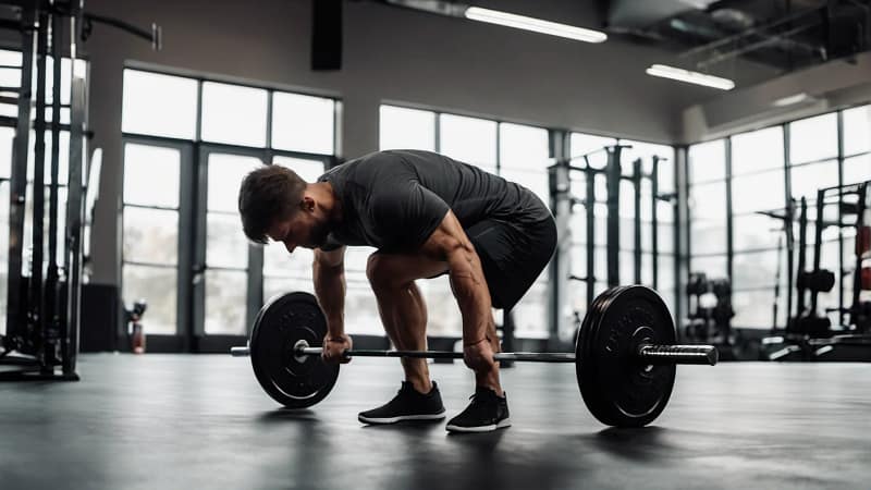 Sportler greift eine Langhantel am Boden vor dem Heben im Fitnessstudio