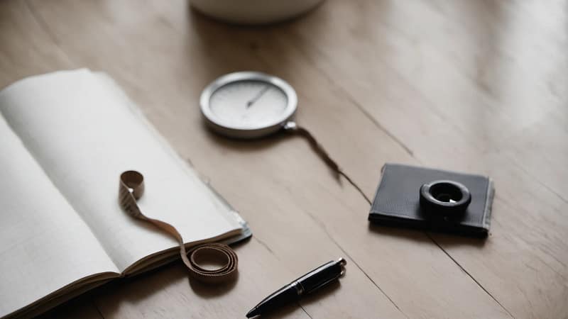 Aufgeschlagenes Notizbuch mit Maßband, Stift und Waage im Hintergrund auf Holztisch