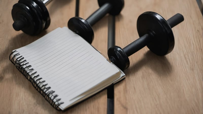 Aufgeschlagenes Notizbuch mit leeren Linien neben zwei Kurzhanteln auf Holzboden